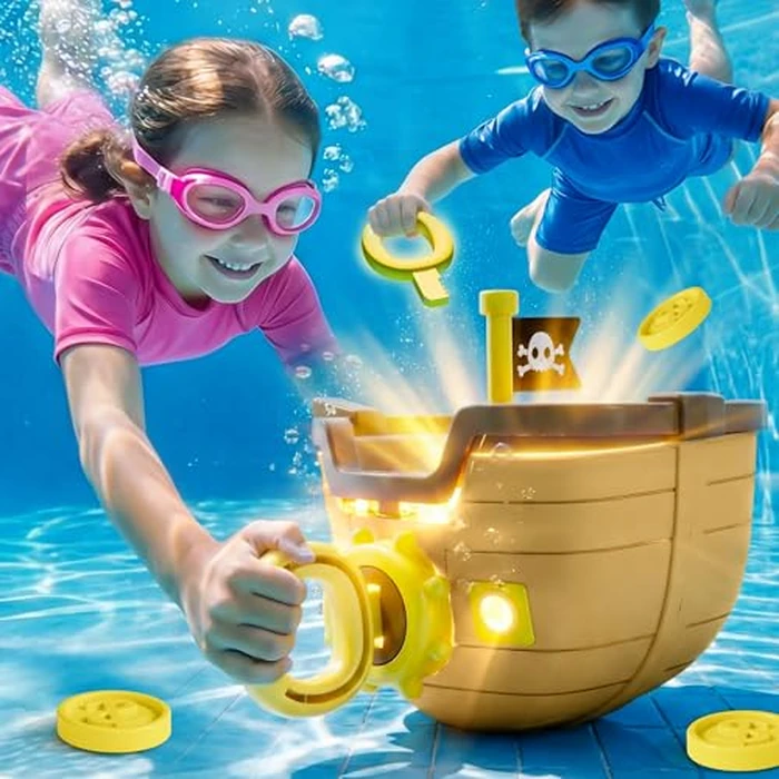 Funscape Kids Pool Diving Toy, Treasure Pirate Ship Diving Pool Game Water Play W/ Key Coin Gem, Toddler Swim Dive Toy Lake Bath Tub, Outdoor Summer Party Gift 3 4 5 6 7 8 Year Old Boy Girl Child Teen by Funscape - Image 8