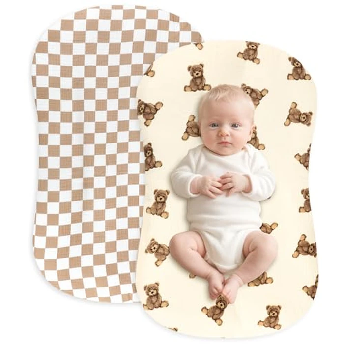 Hooyax Muslin Baby Lounger Cover 2 Pack - 100% Breathable Cotton Soft Infant Lounger Covers, Fits Most Standard Newborn Loungers & Pillows (Coffee Checker+Bear) by Hooyax - Used - Very Good condition - CA$25.19