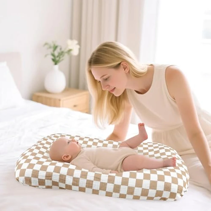 Hooyax Muslin Baby Lounger Cover 2 Pack - 100% Breathable Cotton Soft Infant Lounger Covers, Fits Most Standard Newborn Loungers & Pillows (Coffee Checker+Bear) by Hooyax - Image 2