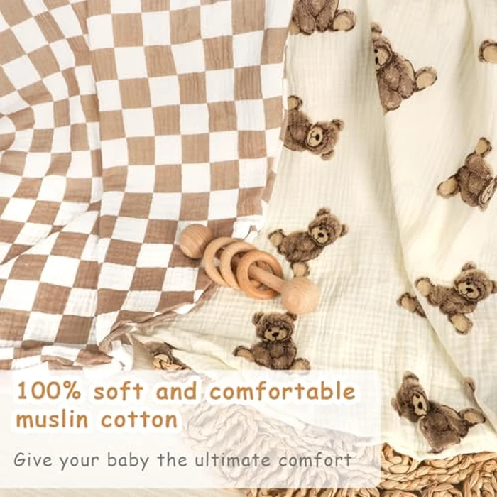 Hooyax Muslin Baby Lounger Cover 2 Pack - 100% Breathable Cotton Soft Infant Lounger Covers, Fits Most Standard Newborn Loungers & Pillows (Coffee Checker+Bear) by Hooyax - Image 3