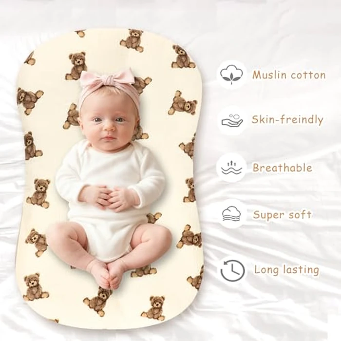 Hooyax Muslin Baby Lounger Cover 2 Pack - 100% Breathable Cotton Soft Infant Lounger Covers, Fits Most Standard Newborn Loungers & Pillows (Coffee Checker+Bear) by Hooyax - Image 5