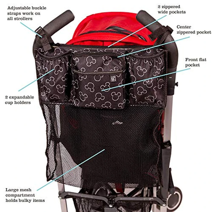 Disney Baby by J.L. Childress Cups 'N Cargo Stroller Caddy Organizer with Cup Holder - Stroller Accessories Bag, Travel Essential, Mesh Storage Attachment, Universal Fit - Mickey Mouse, Black by J.L. Childress - Image 2