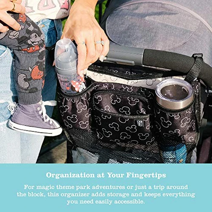 Disney Baby by J.L. Childress Cups 'N Cargo Stroller Caddy Organizer with Cup Holder - Stroller Accessories Bag, Travel Essential, Mesh Storage Attachment, Universal Fit - Mickey Mouse, Black by J.L. Childress - Image 3