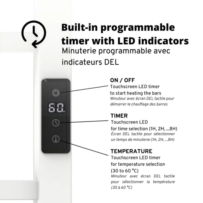 Odass | Towel Warmer | Built-in Timer with Led Indicators | Timer Modes: 1 H to 8 H, ON/Off | Temperature 30 to 60 degreesC (86 to 140 degreesF) | Wall Mounted | 10 Square Bars | Matt White by Odass - Image 4
