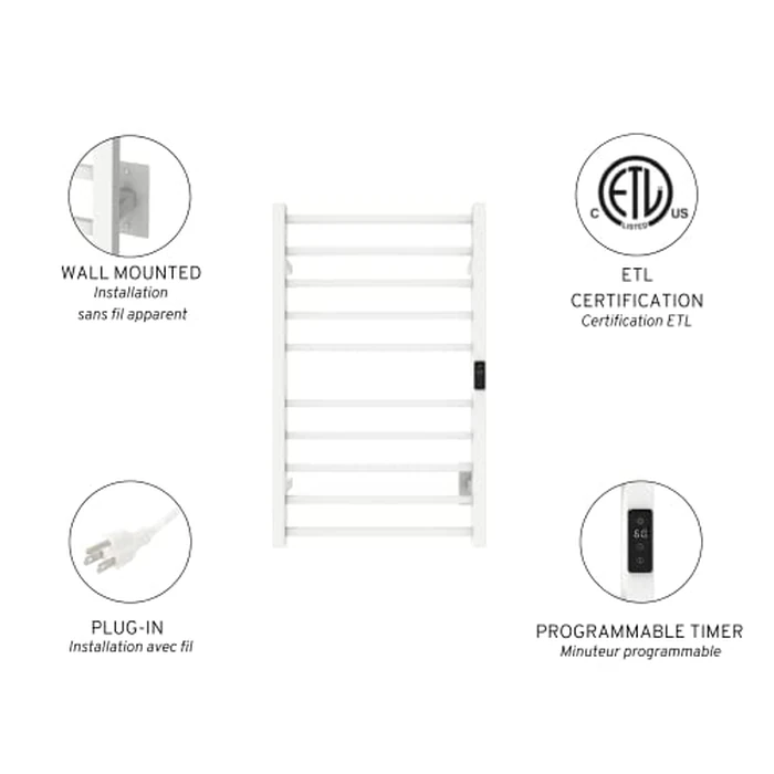 Odass | Towel Warmer | Built-in Timer with Led Indicators | Timer Modes: 1 H to 8 H, ON/Off | Temperature 30 to 60 degreesC (86 to 140 degreesF) | Wall Mounted | 10 Square Bars | Matt White by Odass - Image 5