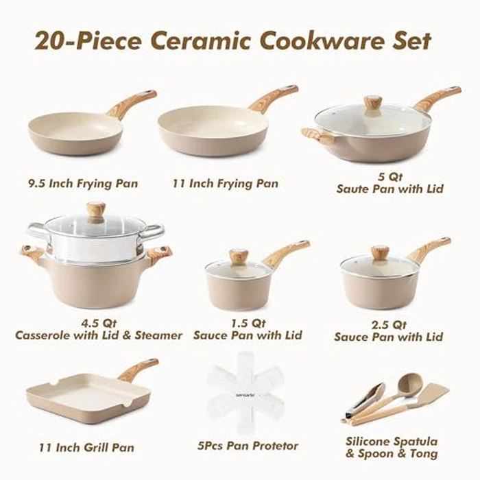 SENSARTE Ceramic Cookware Sets, Pots and Pans Set Nonstick, 20-Piece Induction Cookware, Non-Toxic Healthy Non Stick Kitchen Cooking Set with Stay-Cool Handles, PFAS PTFE PFOA PFOS Free by SENSARTE - Image 3