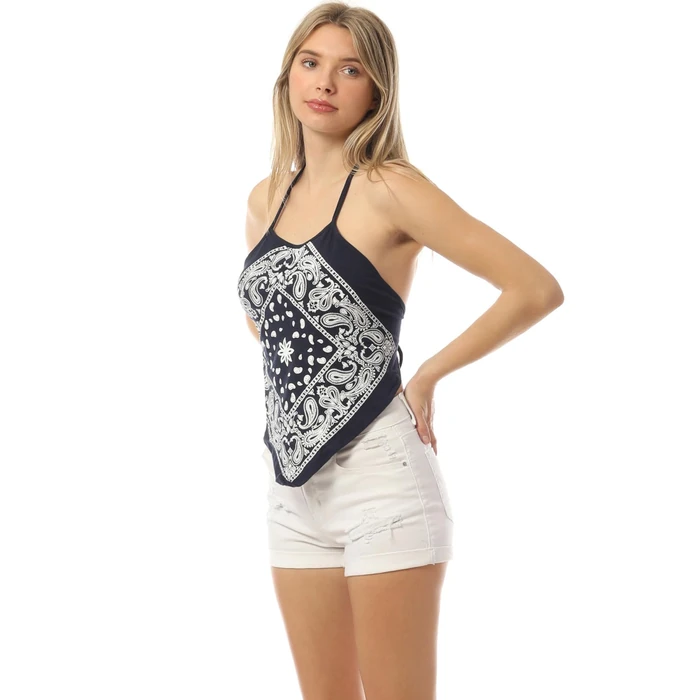 Design by Olivia Women's Sexy Paisley Bandana Halter Top - Y2K Boho Backless Self-Tie Summer Crop Top Shirt Navy M by Design by Olivia - Image 5