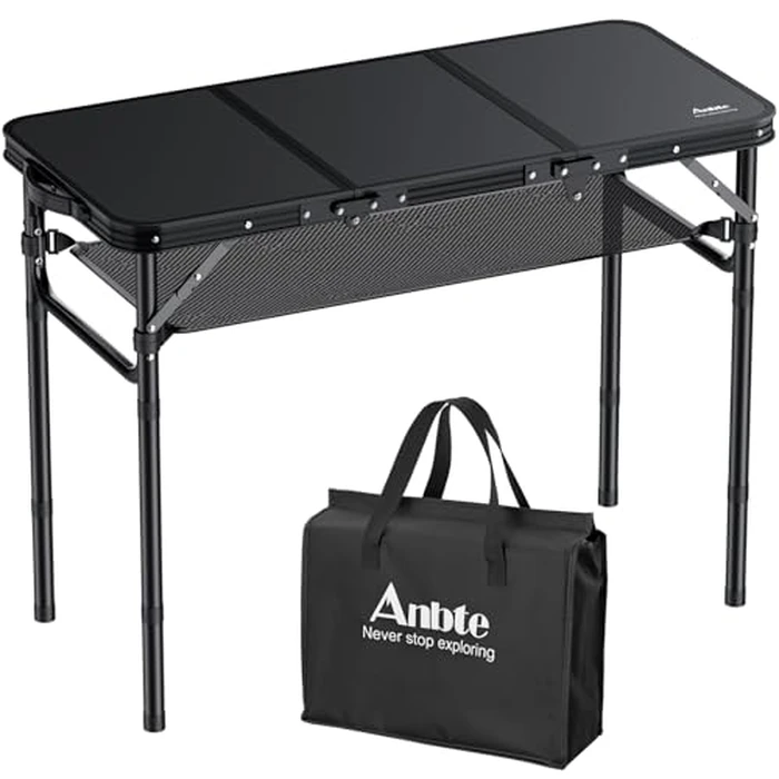 Anbte Camping Table, Camping Folding Table Aluminum Folding Table with 3 Adjustable Height Max 27.1 inch Portable Picnic Table with Storage Net and Bag for Outdoor, Backyard, 34.6" X 16", Pure Black by Anbte - Image 1