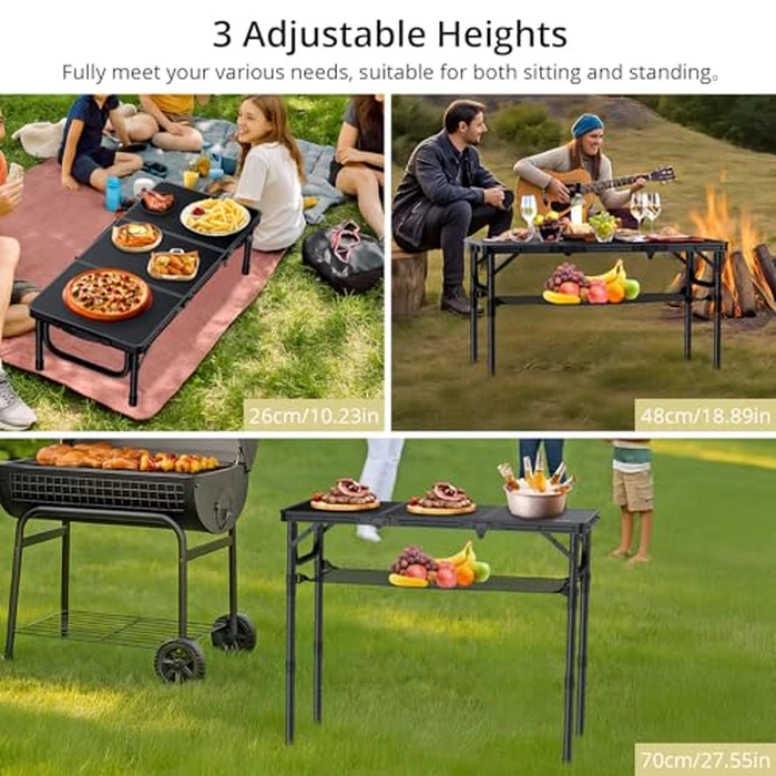 Anbte Camping Table, Camping Folding Table Aluminum Folding Table with 3 Adjustable Height Max 27.1 inch Portable Picnic Table with Storage Net and Bag for Outdoor, Backyard, 34.6" X 16", Pure Black by Anbte - Image 2