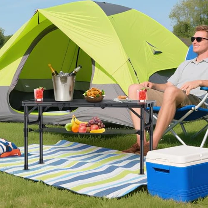 Anbte Camping Table, Camping Folding Table Aluminum Folding Table with 3 Adjustable Height Max 27.1 inch Portable Picnic Table with Storage Net and Bag for Outdoor, Backyard, 34.6" X 16", Pure Black by Anbte - Image 4