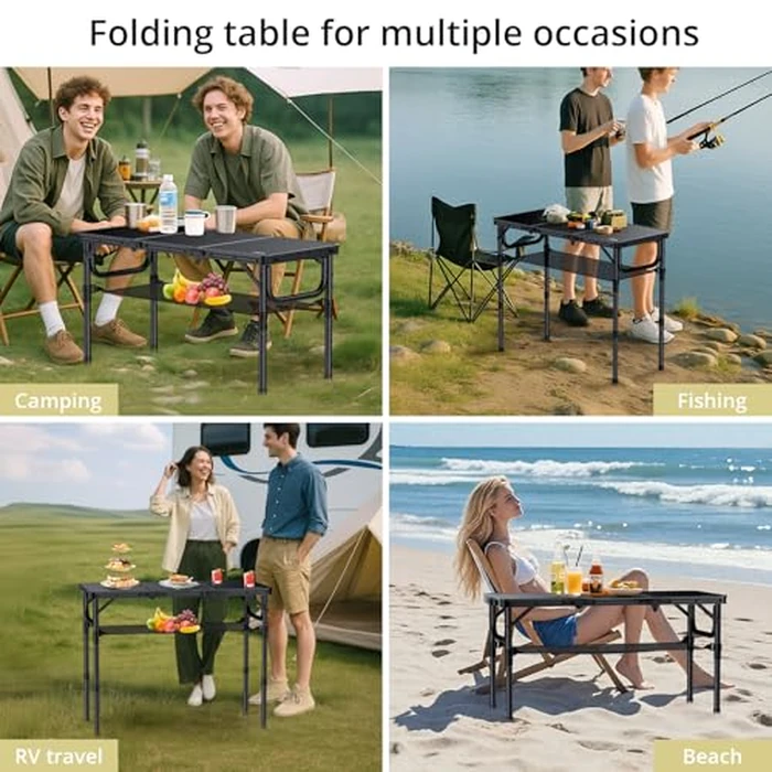 Anbte Camping Table, Camping Folding Table Aluminum Folding Table with 3 Adjustable Height Max 27.1 inch Portable Picnic Table with Storage Net and Bag for Outdoor, Backyard, 34.6" X 16", Pure Black by Anbte - Image 6
