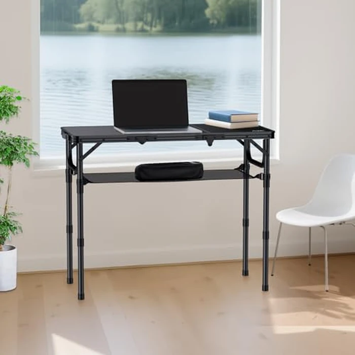 Anbte Camping Table, Camping Folding Table Aluminum Folding Table with 3 Adjustable Height Max 27.1 inch Portable Picnic Table with Storage Net and Bag for Outdoor, Backyard, 34.6" X 16", Pure Black by Anbte - Image 8