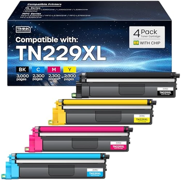 Compatible with TN229XL TN229 Toner Cartridge (with CHIP) Replacement for Brother TN-229XL TN 229 XL Large Capacity to use with MFC-L3720CDW HL-L3220CDW HL-L3280CDW HL-L3300CDW (4 Pack, BK/C/M/Y) by Timink - Used - Good condition