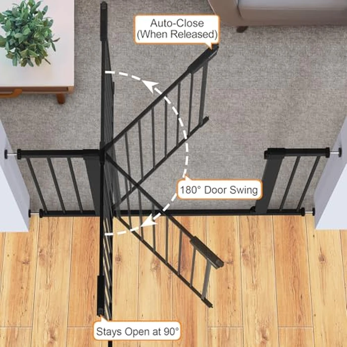Cumbor 36" Extra Tall Baby Gate for Dogs and Kids with Wide 2-Way Door, 29.7"- 46" Width, and Auto Close Personal Safety for Babies and Pets, Fits Doorways, Stairs, and Entryways, Black by Cumbor - Used - Very Good condition