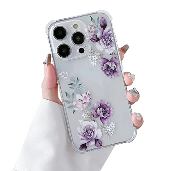 DEFBSC Soft Case Compatible with iPhone 13 Pro, Clear Floral Flower Pattern Print Design Flexible TPU Shockproof Cover for Women Girls,Flower Protective Phone Case, Purple Peony by DEFBSC - Image 1