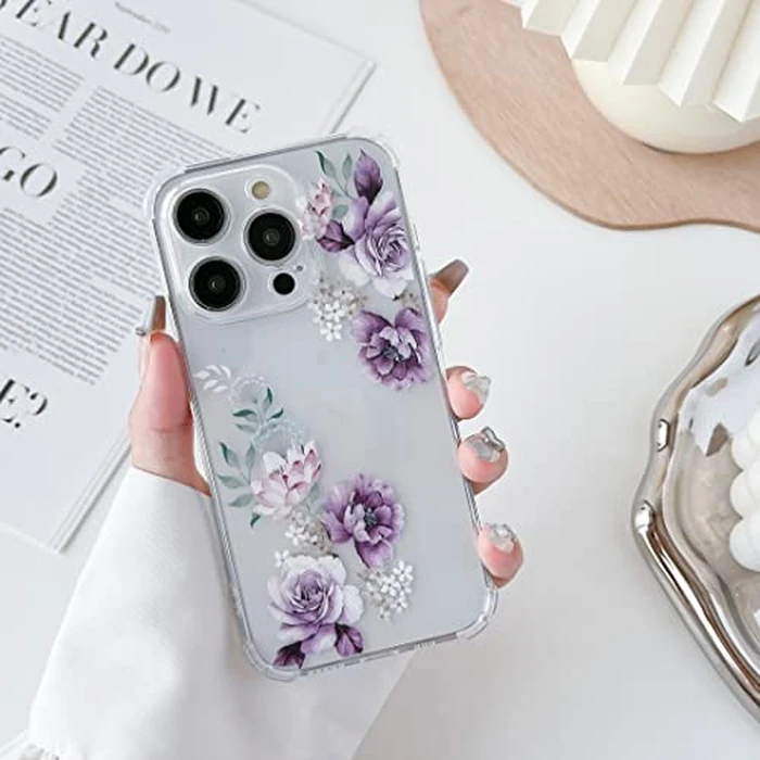 DEFBSC Soft Case Compatible with iPhone 13 Pro, Clear Floral Flower Pattern Print Design Flexible TPU Shockproof Cover for Women Girls,Flower Protective Phone Case, Purple Peony by DEFBSC - Image 6