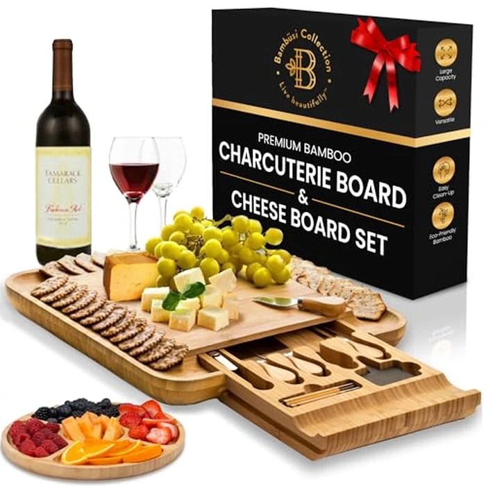Charcuterie Boards Gift Set - Bamboo Cheese Board Set Charcuterie Tray & Serving Platter for Hosting & Entertaining, Wooden Cheese Platter, Kitchen Gifts for Women, Gifts for Home, Wedding & Birthday by Bambüsi - Used - Like New condition - US$24.53
