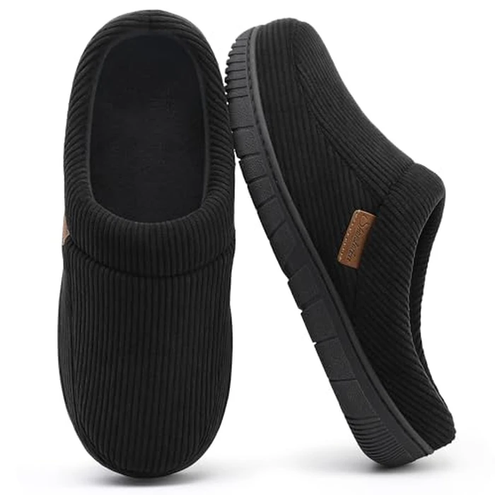 shoeslocker Mens Slippers Moccasin House Shoes Soft Memory Foam Slip-on Indoor/Outdoor, Black, Size 13-14 D(M) US by shoeslocker - Image 1
