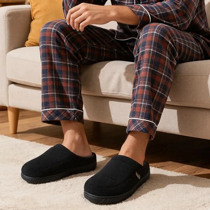 shoeslocker Mens Slippers Moccasin House Shoes Soft Memory Foam Slip-on Indoor/Outdoor, Black, Size 13-14 D(M) US by shoeslocker - Image 2