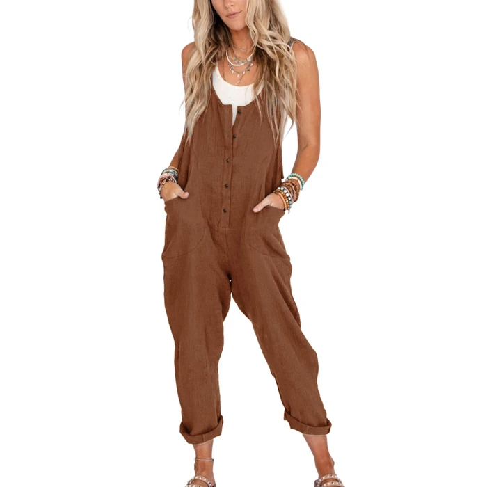 Yeokou Womens Overalls Linen Cotton Jumpsuits Loose Casual Jumpers with Pockets(Brown-S) by Yeokou - Image 1
