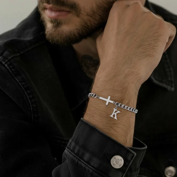 chorfla Cross Beaded Bracelets for Men Initial A - Z Faith Cross Bracelets, Stainless Steel Fashion Initial Charm Chain Bracelet Religious Jewelry Gift for Men(k) by chorfla - Image 3