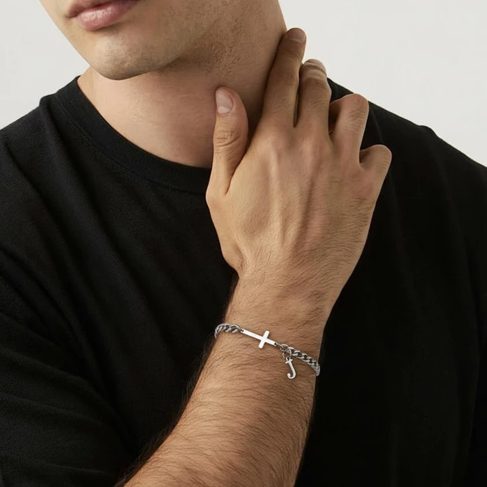 chorfla Cross Beaded Bracelets for Men Initial A - Z Faith Cross Bracelets, Stainless Steel Fashion Initial Charm Chain Bracelet Religious Jewelry Gift for Men(k) by chorfla - Image 5