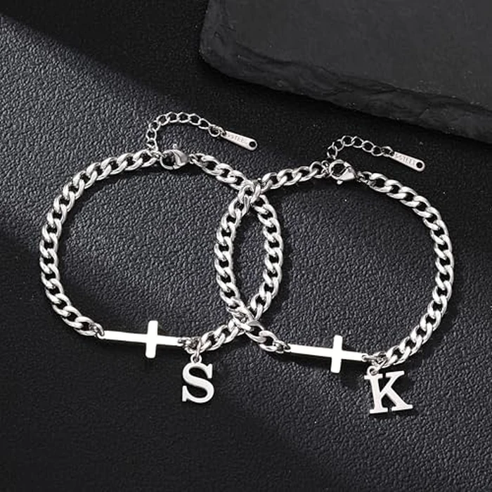 chorfla Cross Beaded Bracelets for Men Initial A - Z Faith Cross Bracelets, Stainless Steel Fashion Initial Charm Chain Bracelet Religious Jewelry Gift for Men(k) by chorfla - Image 6