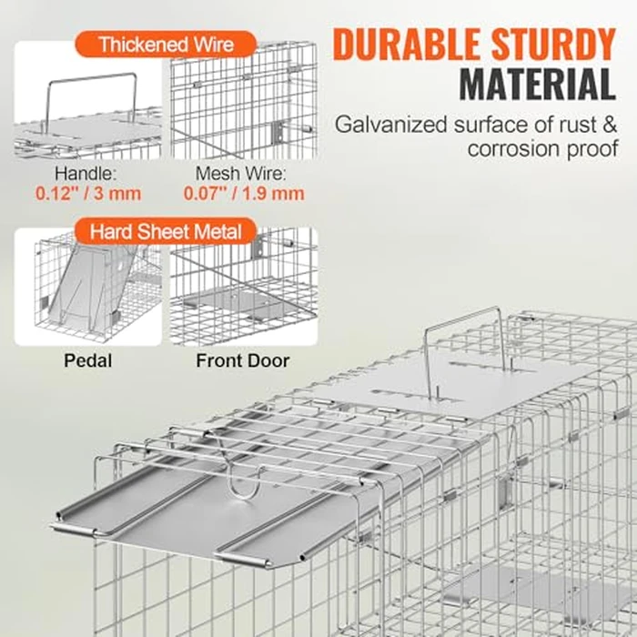 VEVOR Live Animal Cage Trap, 24" x 8" x 8" Humane Cat Trap Galvanized Iron, Folding Animal Trap with Handle for Rabbits, Stray Cats, Squirrels, Raccoons, Groundhogs and Opossums by VEVOR - Image 4