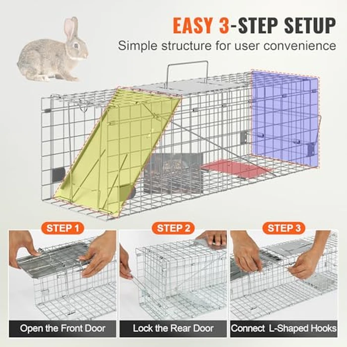 VEVOR Live Animal Cage Trap, 24" x 8" x 8" Humane Cat Trap Galvanized Iron, Folding Animal Trap with Handle for Rabbits, Stray Cats, Squirrels, Raccoons, Groundhogs and Opossums by VEVOR - Image 5