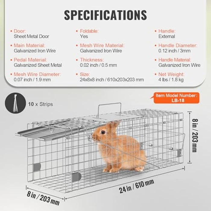 VEVOR Live Animal Cage Trap, 24" x 8" x 8" Humane Cat Trap Galvanized Iron, Folding Animal Trap with Handle for Rabbits, Stray Cats, Squirrels, Raccoons, Groundhogs and Opossums by VEVOR - Image 7