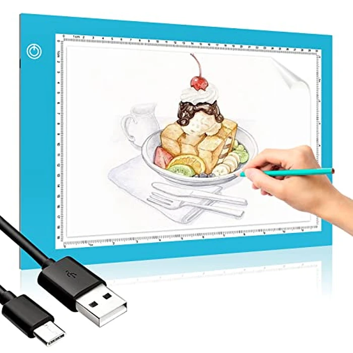 Light Box Drawing Pad, Tracing Board with Type-C Charge Cable and Brightness Adjustable for Artists, AnimationDrawing, Sketching, Animation, X-ray Viewing (A4-P-Blue-New) by XIAOSTAR - Used - Like New condition