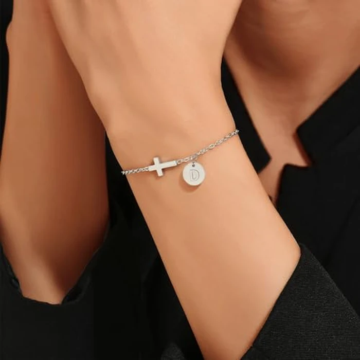 JUTOLOKA 18K Gold Plated Cross Bracelet for Women | Cute Small Cross Bracelets with Initial Charm (A-Z) | Christian Baptism, Easter, Birthday Gift for Her(SL,K) by JUTOLOKA - Image 2