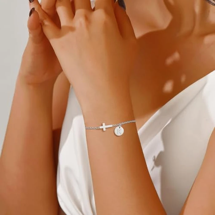 JUTOLOKA 18K Gold Plated Cross Bracelet for Women | Cute Small Cross Bracelets with Initial Charm (A-Z) | Christian Baptism, Easter, Birthday Gift for Her(SL,K) by JUTOLOKA - Image 4