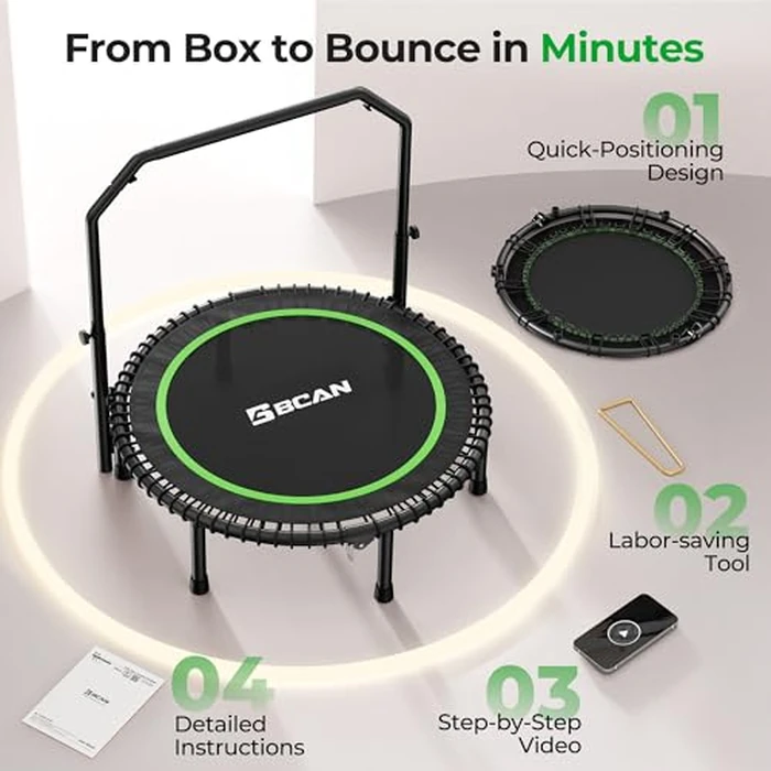BCAN BT2 450/550LBS Mini Rebounder Trampoline for Adults with Bar, Fitness Trampoline with Bungees, Adjustable Handle, Stable & Quiet, Indoor Outdoor, Whole-Body Workout & Relaxation at Home-40IN-GRN by BCAN - Image 8