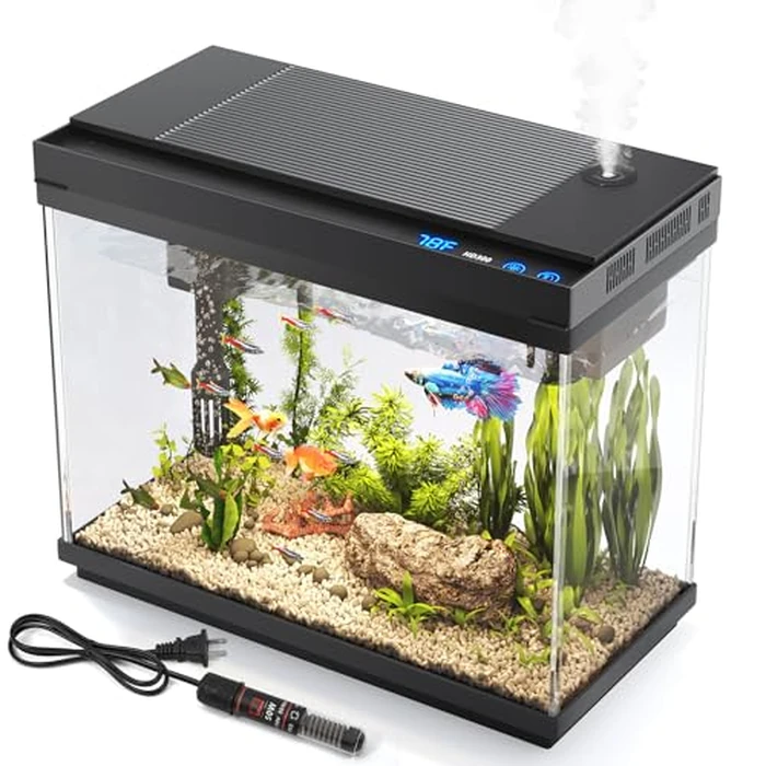 Vehipa Fish Tank 2.4 Gallon Aquarium with Heater, 3-in-1 Silent Pump with Filteration & Oxygenation & Circulation, 7-Color Timer Cycle Light, Temperature Display, Humidifier, HD Glass Fish Bowl by Vehipa - Image 1