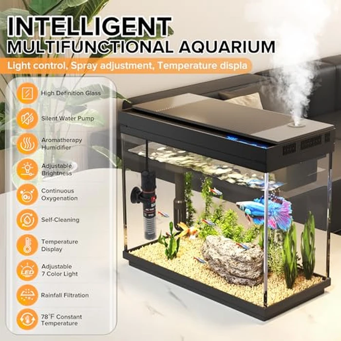 Vehipa Fish Tank 2.4 Gallon Aquarium with Heater, 3-in-1 Silent Pump with Filteration & Oxygenation & Circulation, 7-Color Timer Cycle Light, Temperature Display, Humidifier, HD Glass Fish Bowl by Vehipa - Image 2