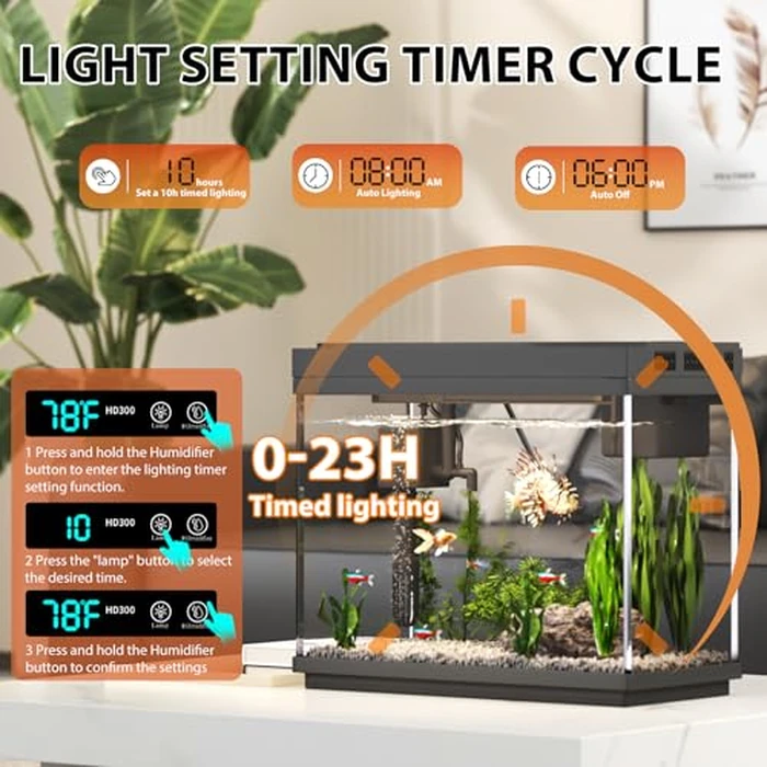 Vehipa Fish Tank 2.4 Gallon Aquarium with Heater, 3-in-1 Silent Pump with Filteration & Oxygenation & Circulation, 7-Color Timer Cycle Light, Temperature Display, Humidifier, HD Glass Fish Bowl by Vehipa - Image 7