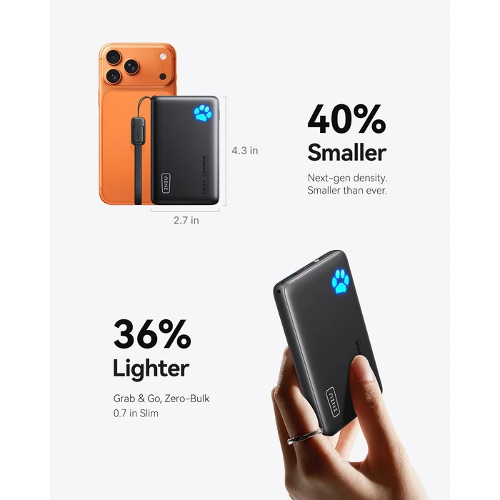 INIU Portable Charger, Smaller & Lighter 45W Fast Charging with Attached USB C Cable, Flight-Safe 10000mAh PD Power Bank Battery Pack, Travel Phone Powerbank for iPhone 17 16 15 Samsung S25 Google etc by INIU - Image 2
