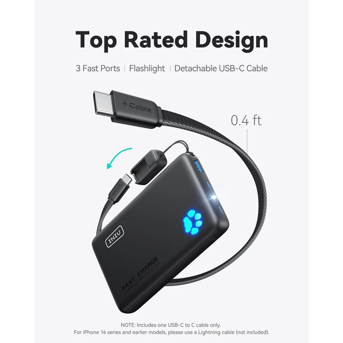 INIU Portable Charger, Smaller & Lighter 45W Fast Charging with Attached USB C Cable, Flight-Safe 10000mAh PD Power Bank Battery Pack, Travel Phone Powerbank for iPhone 17 16 15 Samsung S25 Google etc by INIU - Image 4