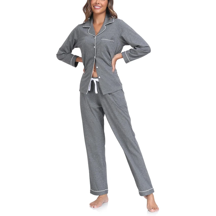 COLORFULLEAF Women's 100% Cotton Long Sleeve Pajama Sets Button Down Notched Collar Sleepwear Soft Lounge Pjs with Pockets (Dark Grey,M) by COLORFULLEAF - Used - Very Good condition - US$22.57