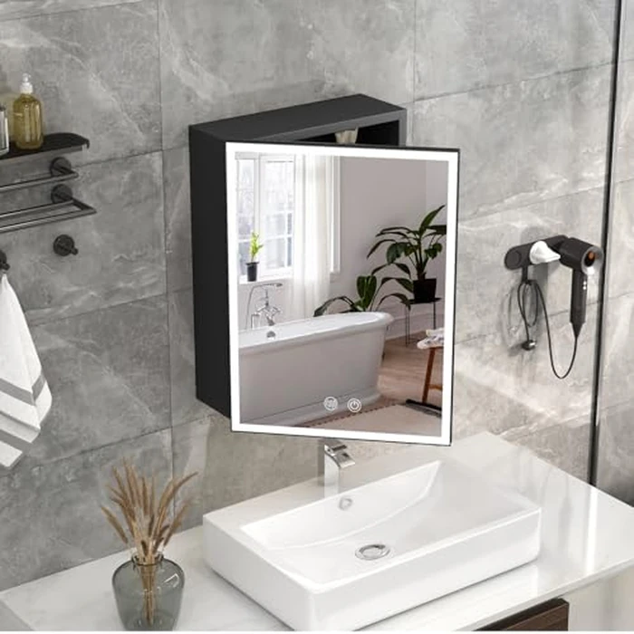 Vanrste Medicine Cabinet with Lights, Pre-Assembled Bathroom Medicine Cabinets with Mirror, Recessed or Surface Mount Lighted Medicine Cabinet (56 cm H x 41 cm W, Vertical) Black by Vanrste - Used - Very Good condition