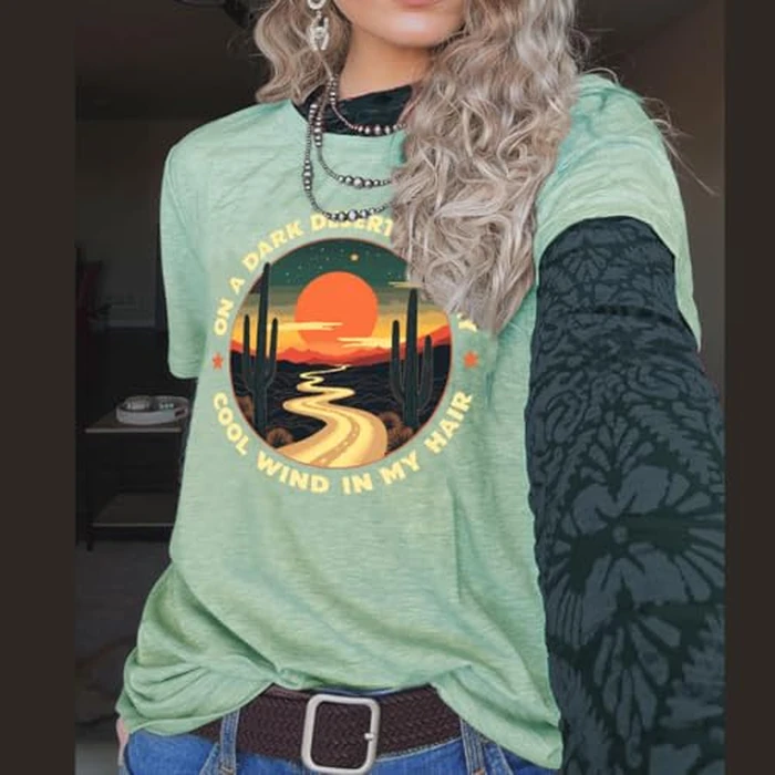 Women's Short Sleeve Rock Band T Shirts Trendy Country Music Concert Outfit Vintage Cactus Graphic Tees, Bean Green M by Laibao - Used - Like New condition