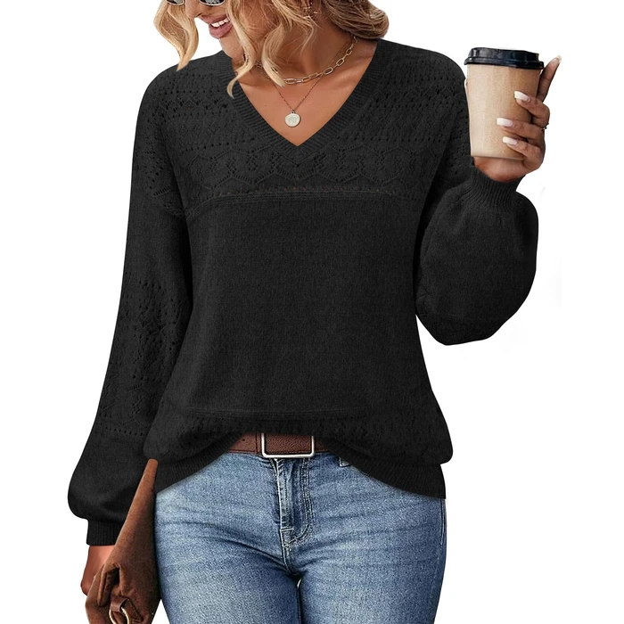 Messic Lightweight Sweaters for Women: Black Dressy Casual - Plus Size Sweaters for Women - Ladies V Neck Sweater 2025 Trendy Fashion V Neck Lightweight Cozy Pullover Tops XL by Messic - Image 3