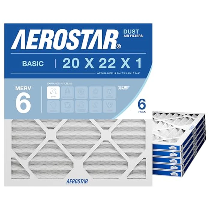 Aerostar 20x22x1 MERV 6 Air Filter, 6 Count, ACTUAL SIZE (19.75 x 21.75 x 0.75), HVAC, Air Conditioning & Furnace Filter for Dust, Lint & Pollen Control (MPR 300 / FPR 3), Made in USA by Aerostar - Used - Very Good condition