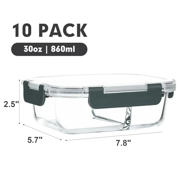 M MCIRCO 10-Pack,30 Oz Glass Meal Prep Containers 2 Compartments Airtight Lunch Bento Boxes with Lids, Glass Food Storage Containers, Microwave, Oven, Freezer and Dishwasher by M MCIRCO - Image 2