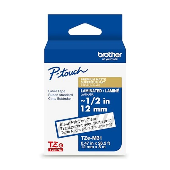 Brother P-Touch TZe-M31 Black Print on Premium Matte Clear Laminated Tape 12mm (0.47”) Wide x 8m (26.2’) Long, TZEM31 by Brother - Used - Like New condition - US$11.18