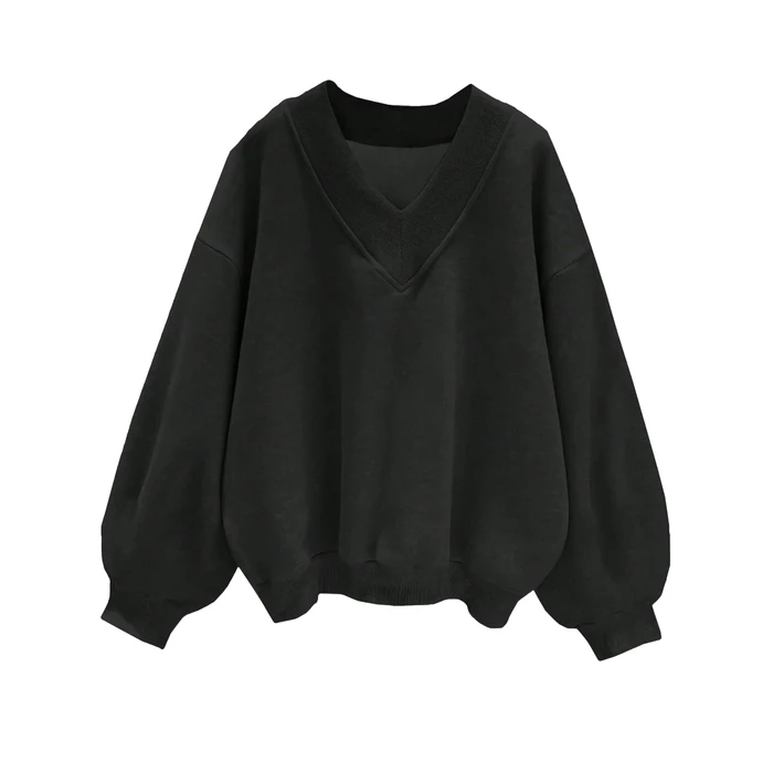 Hilinker Womens V Neck Oversized Sweatshirts Cute Pullover Drop Shoulder Long Sleeve Tops Black N XX-Large by Hilinker - Image 1