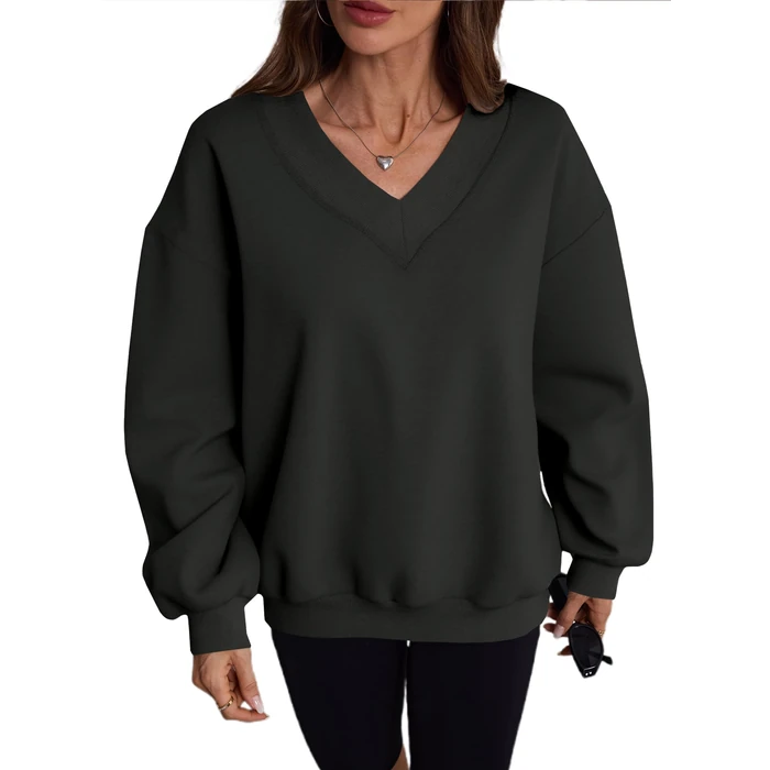 Hilinker Womens V Neck Oversized Sweatshirts Cute Pullover Drop Shoulder Long Sleeve Tops Black N XX-Large by Hilinker - Image 3