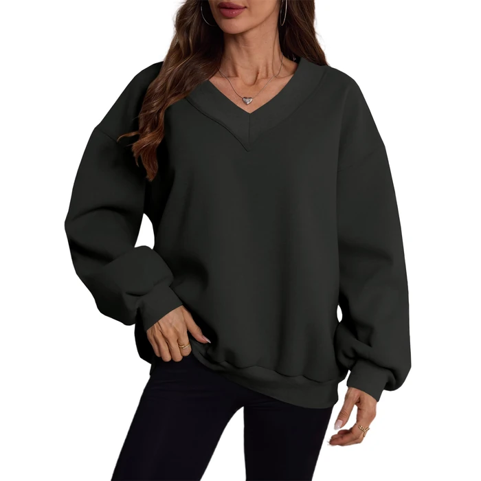 Hilinker Womens V Neck Oversized Sweatshirts Cute Pullover Drop Shoulder Long Sleeve Tops Black N XX-Large by Hilinker - Image 5