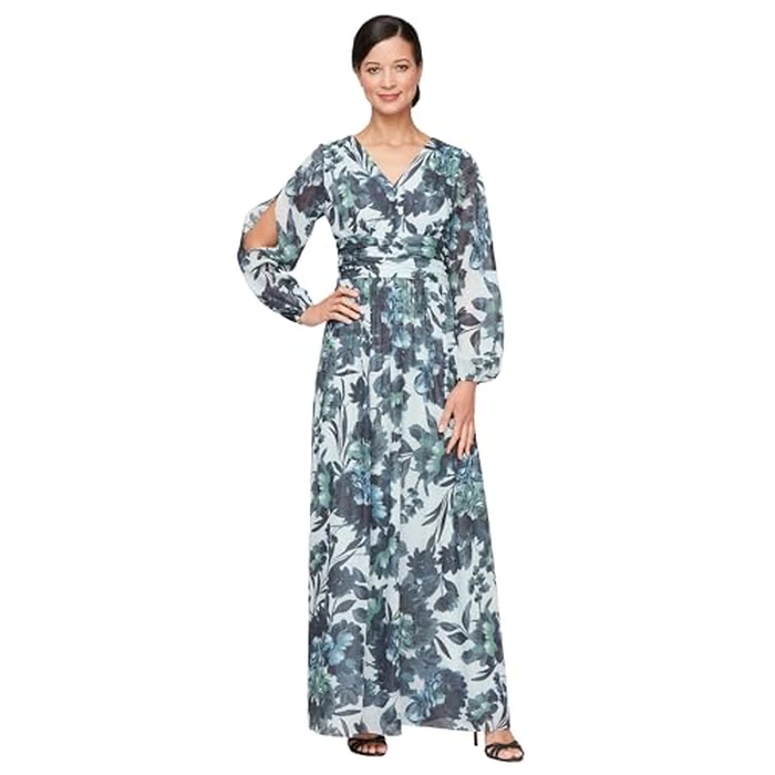 S.L. Fashions Women's Long A-line Mother of The Bride Dress with Ruched Waist (Petite and Regular Sizes), Black Multi, 16 by S.L. Fashions - Used - Like New condition